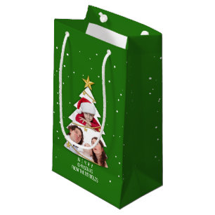Petit Sac Cadeau Joyeux Noël moderne arbre photo Collage vert