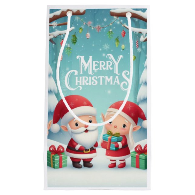 Petit Sac Cadeau Joyeux Noël/père Noël/neige elfes (Devant)