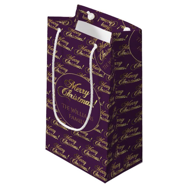 Petit Sac Cadeau Joyeux Noël Purple Faux Gold Foil Script (Devant Angle)