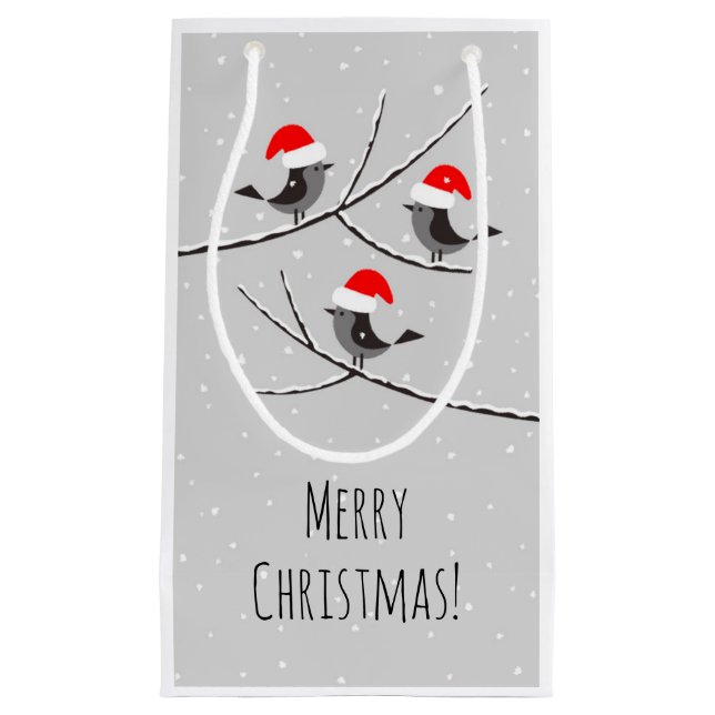 Petit Sac Cadeau Joyeux Noël Rouge Père Noël Oiseaux de chapeau Nei (Devant)