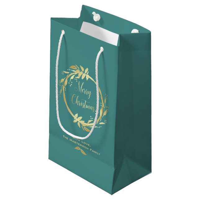 Petit Sac Cadeau Joyeux Noël turquoise Holly Wreath Holiday (Devant Angle)