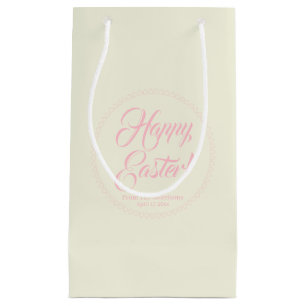 Petit Sac Cadeau Joyeux Pâques rose crème script personnalisé éléga