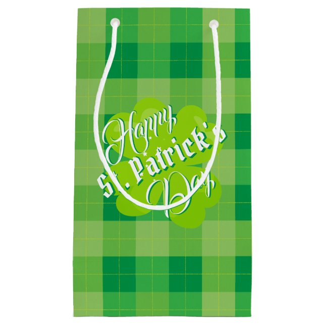 Petit Sac Cadeau Joyeux Saint Patrick's Day Tartan vert Lucky Clove (Devant)