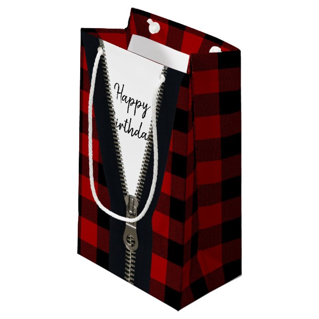 Petit Sac Cadeau Joyeux Zipper Anniversaire Sur Buffalo Plaid (Devant Angle)