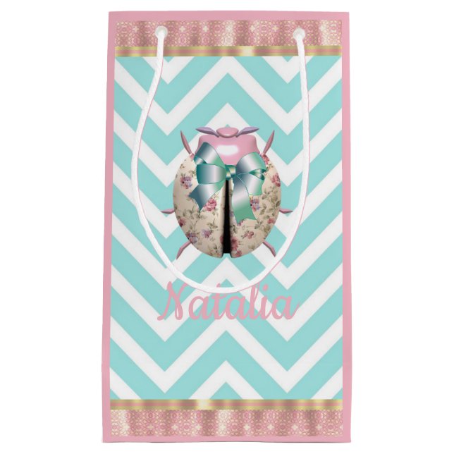 Petit Sac Cadeau Ladybug chevron rose bleu floral mignon (Devant)