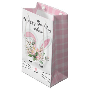 Petit Sac Cadeau Lapin d'anniversaire avec Fleurs et Plaid