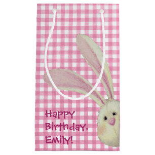 Petit Sac Cadeau lapin mignon sur carreaux rose