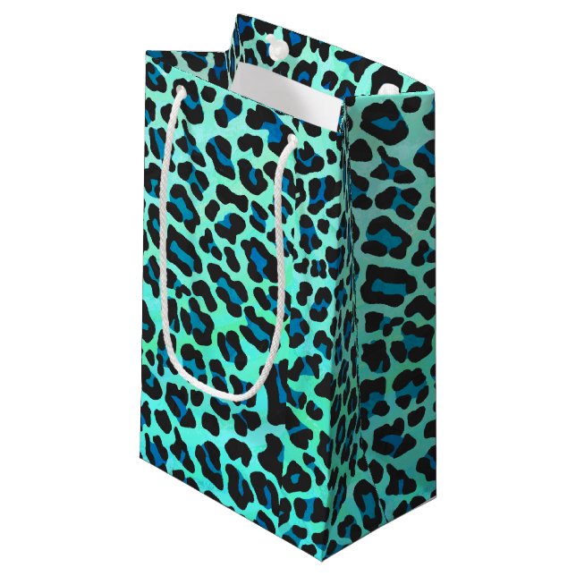 Petit Sac Cadeau Léopard noir et Turquoise (Devant Angle)