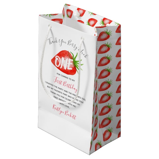 Petit Sac Cadeau Little Sweetie fraise 1er anniversaire Merci (Devant Angle)