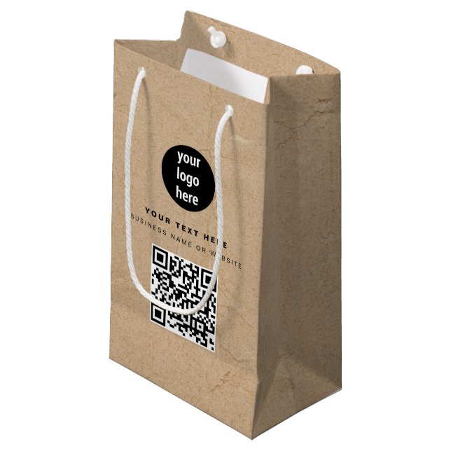Petit Sac Cadeau Logo de l'entreprise avec code QR marron Kraft rus (Devant Angle)