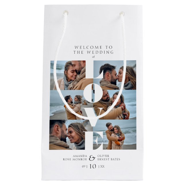 Petit Sac Cadeau Love Cote Blanc Collage Bienvenue Mariage 6 Photos (Devant)