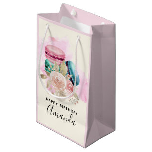 Petit Sac Cadeau Macarons Colorés et Fleurs Aquarelle Anniversaire