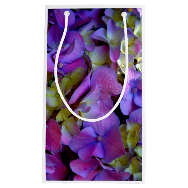 Petit Sac Cadeau Magenta Purple bleu jaune Hydrangeas fleurs (Devant)