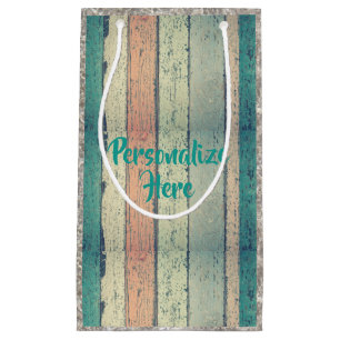 Petit Sac Cadeau Maison de plage en bois rayé turquoise sable rose