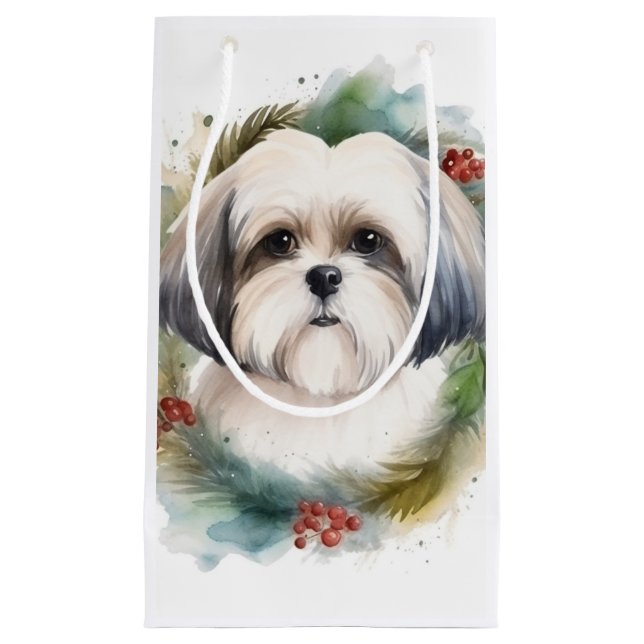 Petit Sac Cadeau Malti Tzu Christmas Wreath Festive Pup (Devant)