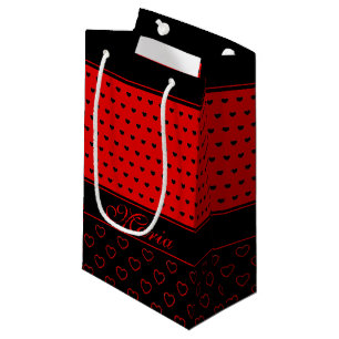 Petit Sac Cadeau Maria - Nom Personnalisé, Coeurs Rouge Et Noir