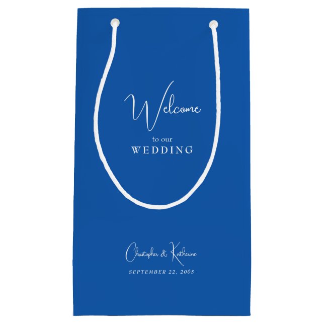 Petit Sac Cadeau Mariage Bleu Cobalt Bienvenue Favoriser (Devant)