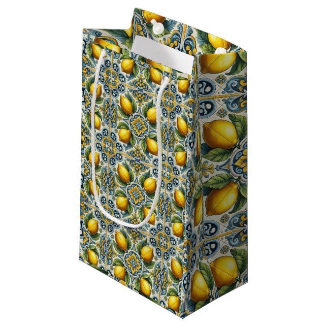 Petit Sac Cadeau Mariage carrelage méditerranéen Capri jaune bleu c (Devant Angle)