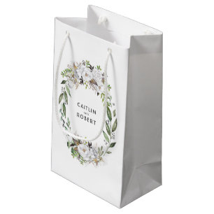 Petit Sac Cadeau Mariage de fleurs d'aquarelle blanche et or