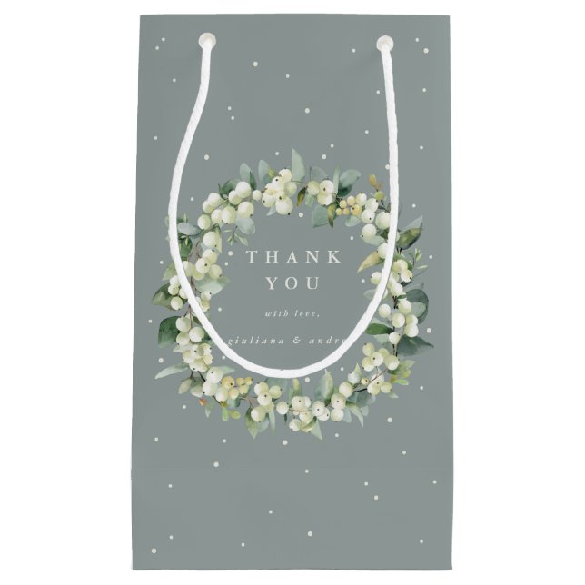 Petit Sac Cadeau Mariage d'hiver Seafoam Green Snowberry+Eucalyptus (Devant)