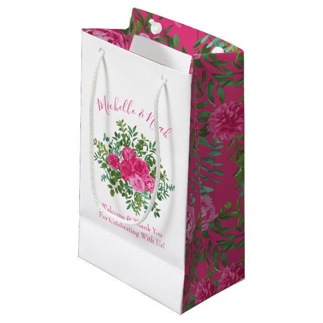 Petit Sac Cadeau Mariage floral rose vif (Devant Angle)