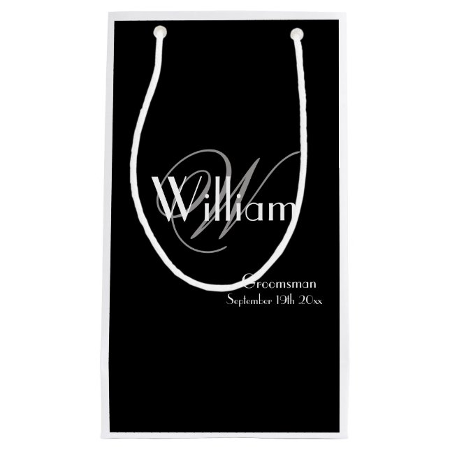 Petit Sac Cadeau Mariage Groomsman Moderne Monogramme Nom Chic Noir (Devant)
