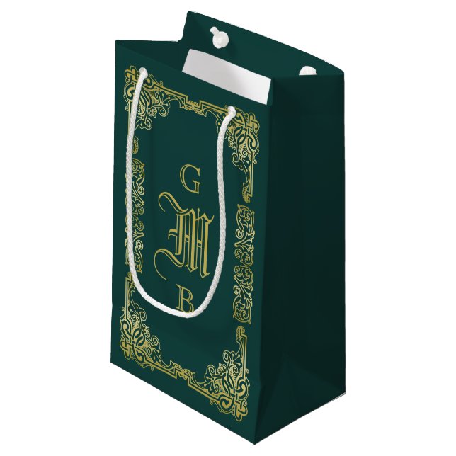 Petit Sac Cadeau Mariage Monogramme Classic Gold Frame Dark Green (Devant Angle)