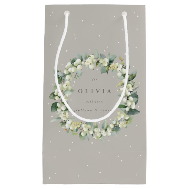 Petit Sac Cadeau Mariage personnalisé Greige Snowberry+Eucalyptus (Devant)