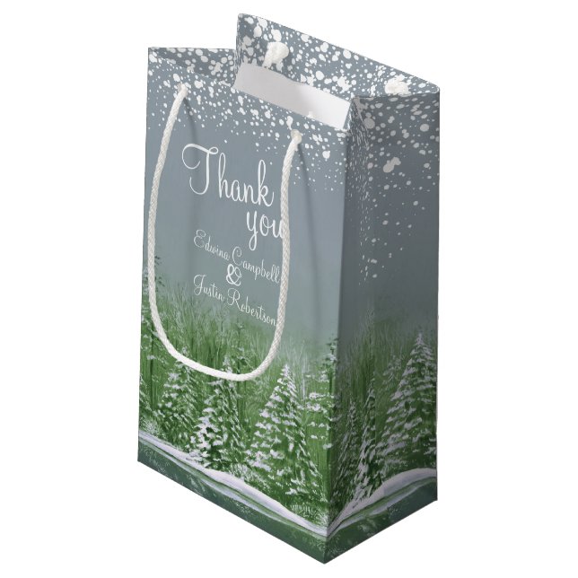 Petit Sac Cadeau Mariages d'hiver pins gris vert art merci (Dos Angle)