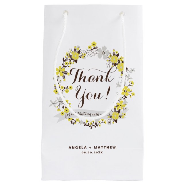 Petit Sac Cadeau Merci de la couronne fleurie jaune et gris (Devant)