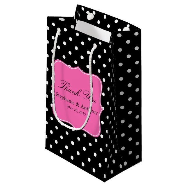 Petit Sac Cadeau Merci de Mariage blanc noir, rose chaud (Devant Angle)