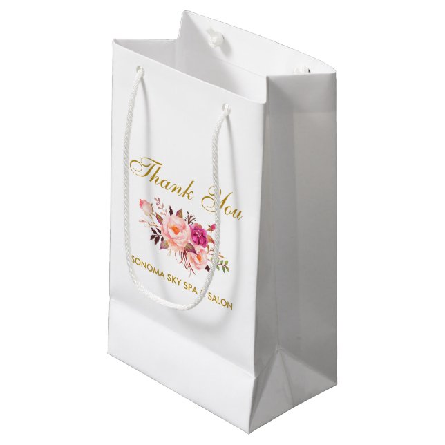 Petit Sac Cadeau Merci floral d'or de rose élégant d'aquarelle (Devant Angle)