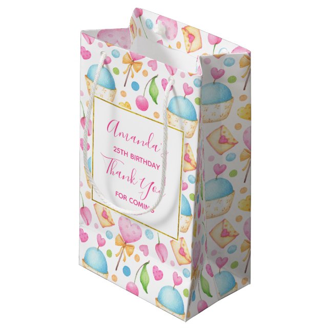 Petit Sac Cadeau Merci Motif d'aquarelle Coeurs et Cupcakes (Devant Angle)