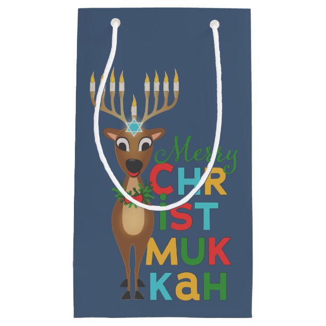 Petit Sac Cadeau Merry Christmukkah Reindeer (Devant)
