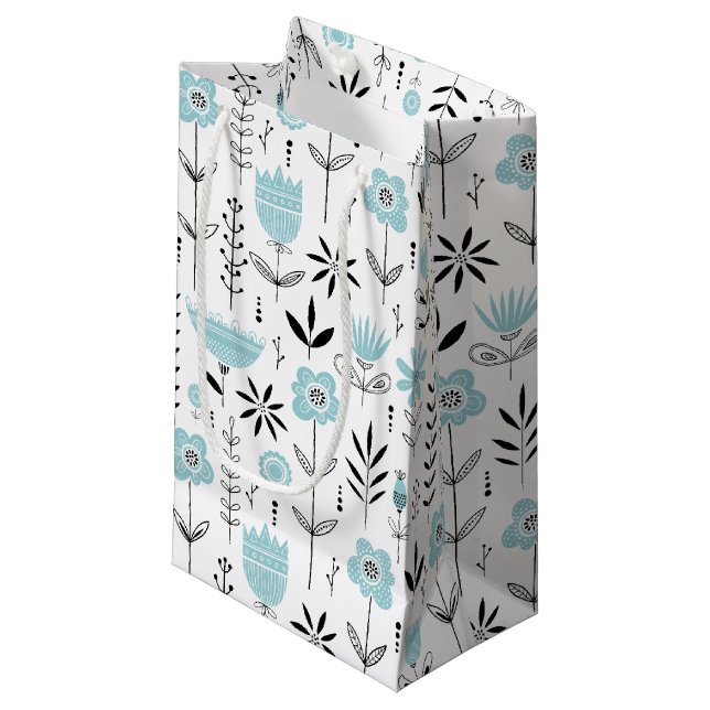 Petit Sac Cadeau Modèle floral scandinave bleu (Devant Angle)
