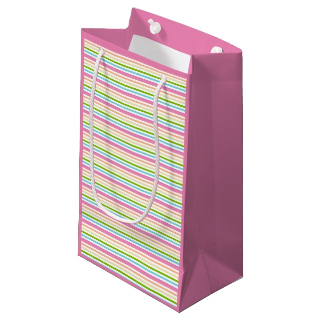 Petit Sac Cadeau Modèle rose bleu vert jaune pourpre rayures (Devant Angle)