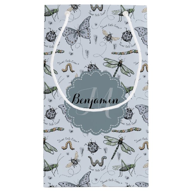 Petit Sac Cadeau Monogramme Bleu Bugs et Insects Garçon Douche (Dos)