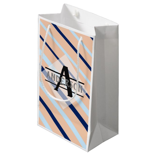 Petit Sac Cadeau Monogramme bleu marine rose (Devant Angle)