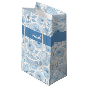 Petit Sac Cadeau Monogramme de nom floral aquarelle bleu blanc