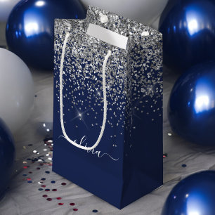 Petit Sac Cadeau Monogramme de nom pailleté bleu marine argenté pou