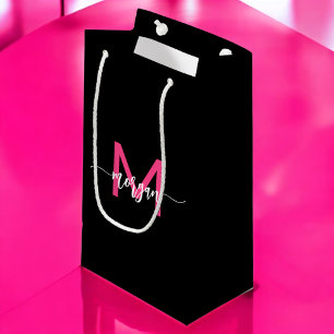 Petit Sac Cadeau Monogramme élégant moderne rose chaud noir