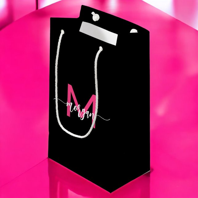 Petit Sac Cadeau Monogramme élégant moderne rose chaud noir (Créateur téléchargé)
