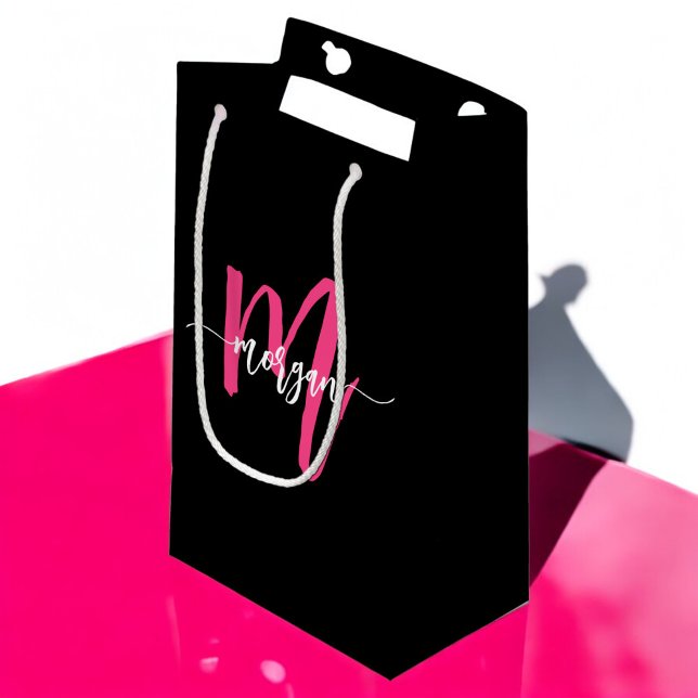 Petit Sac Cadeau Monogramme élégant moderne rose chaud noir (Créateur téléchargé)