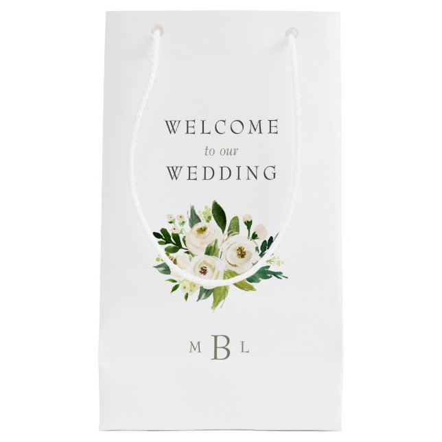 Petit Sac Cadeau Monogramme floral blanc Élégant Mariage blanc (Devant)