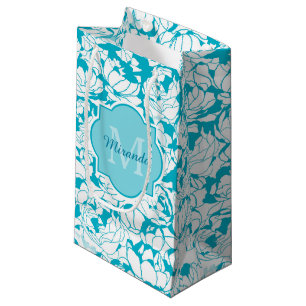 Petit Sac Cadeau Monogramme Floral Turquoise Moderne Avec Nom
