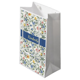 Petit Sac Cadeau Monogramme Nom Fleur Sauvage Aquarelle Jaune Bleu