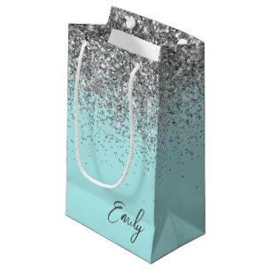 Petit Sac Cadeau Monogramme Pailleté Argent Bleu Aqua Féminin