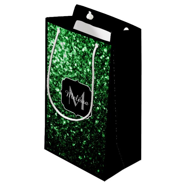 Petit Sac Cadeau Monogramme vert foncé faux parties scintillant sci (Devant Angle)