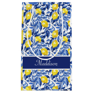 Petit Sac Cadeau Motif de citron en aquarelle bleue Monogramme Nom