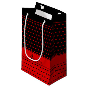 Petit Sac Cadeau Motif De Coeurs Rouge Et Noir Élégant, Nom Perso